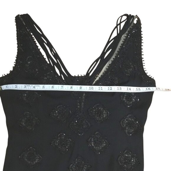 Vintage BADGLEY MISCHKA Triple V Neck Hand Beaded Silk Black Cocktail Dress 8 - Picture 7 of 10